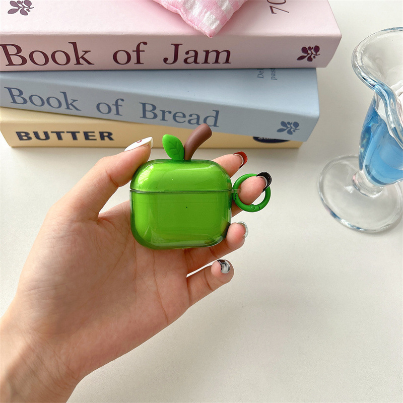 AirPods калъф със 3D ябълка и листа в Ins стил — силикон, мека обвивка, карикатурен дизайн, гравиране, съвместим с Apple