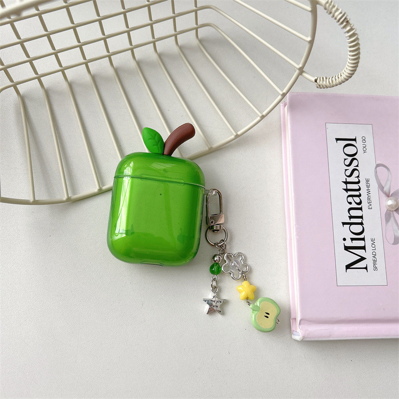 AirPods калъф със 3D ябълка и листа в Ins стил — силикон, мека обвивка, карикатурен дизайн, гравиране, съвместим с Apple