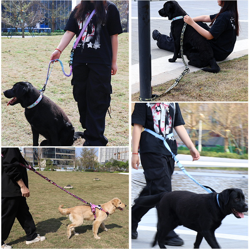 Кучешка каишка от полиестер с презрамка през тялото, ръцете свободни, за разходки на открито, рефлективна и разширяема, удароустойчива функция