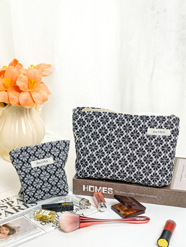 Τσαντάκι μακιγιάρ για γυναίκες, μοτίβο τετράφυλλου φύλλου, ύφασμα βαμμένο με νήματα, μεγάλος εσωτερικός χώρος, επένδυση κανβάς, φερμουάρ