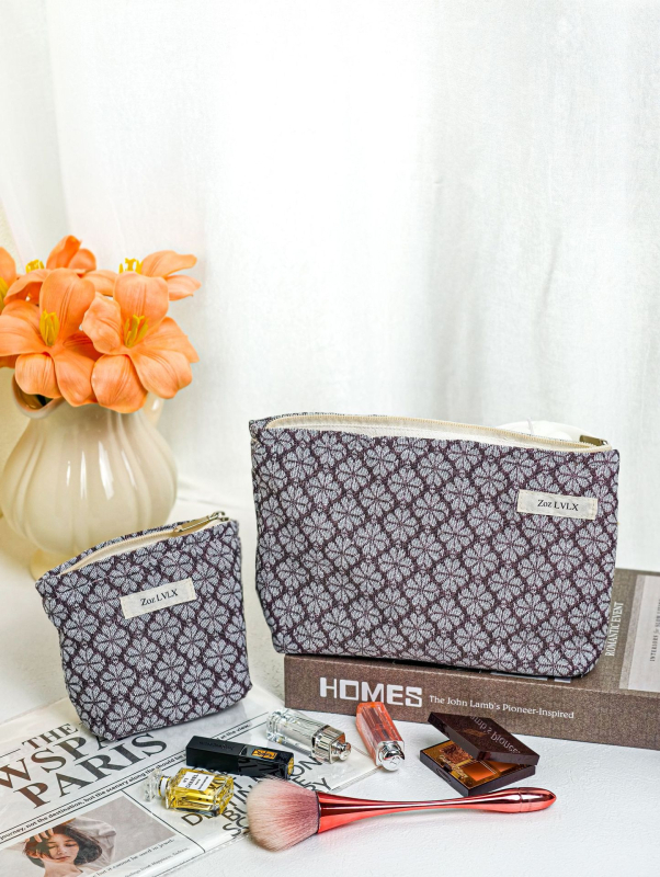 Τσαντάκι μακιγιάρ για γυναίκες, μοτίβο τετράφυλλου φύλλου, ύφασμα βαμμένο με νήματα, μεγάλος εσωτερικός χώρος, επένδυση κανβάς, φερμουάρ