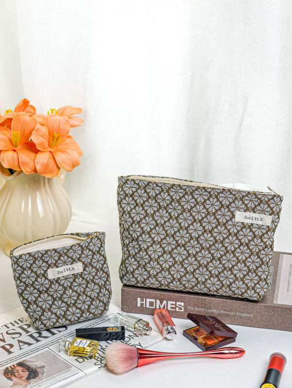 Τσαντάκι μακιγιάρ για γυναίκες, μοτίβο τετράφυλλου φύλλου, ύφασμα βαμμένο με νήματα, μεγάλος εσωτερικός χώρος, επένδυση κανβάς, φερμουάρ