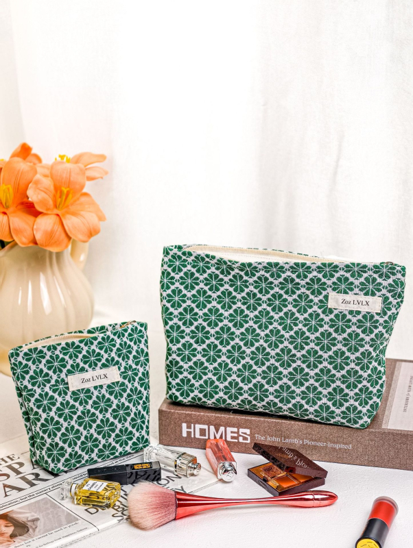 Τσαντάκι μακιγιάρ για γυναίκες, μοτίβο τετράφυλλου φύλλου, ύφασμα βαμμένο με νήματα, μεγάλος εσωτερικός χώρος, επένδυση κανβάς, φερμουάρ