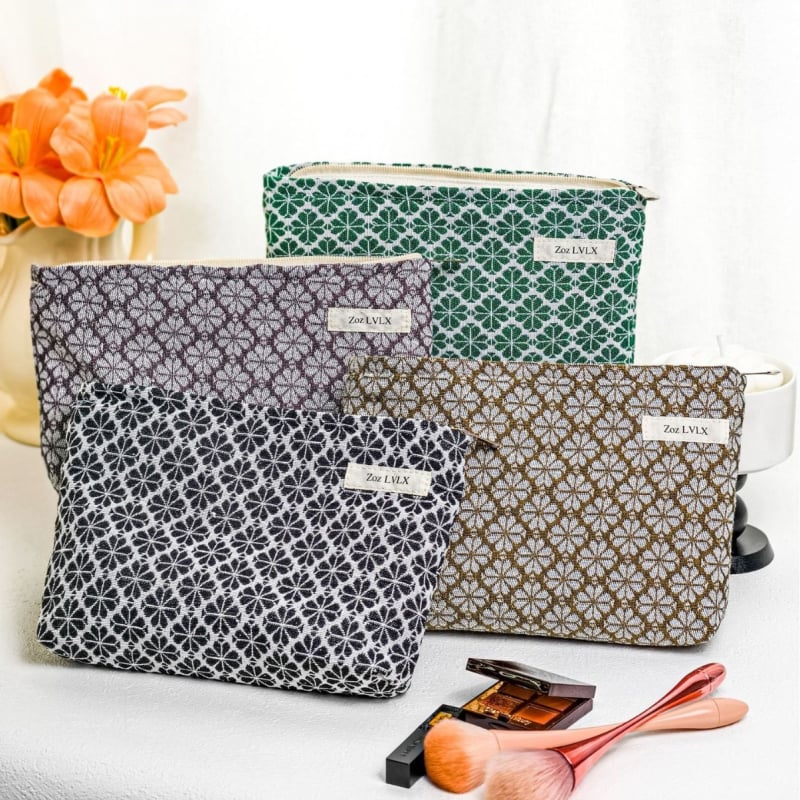 Τσαντάκι μακιγιάρ για γυναίκες, μοτίβο τετράφυλλου φύλλου, ύφασμα βαμμένο με νήματα, μεγάλος εσωτερικός χώρος, επένδυση κανβάς, φερμουάρ