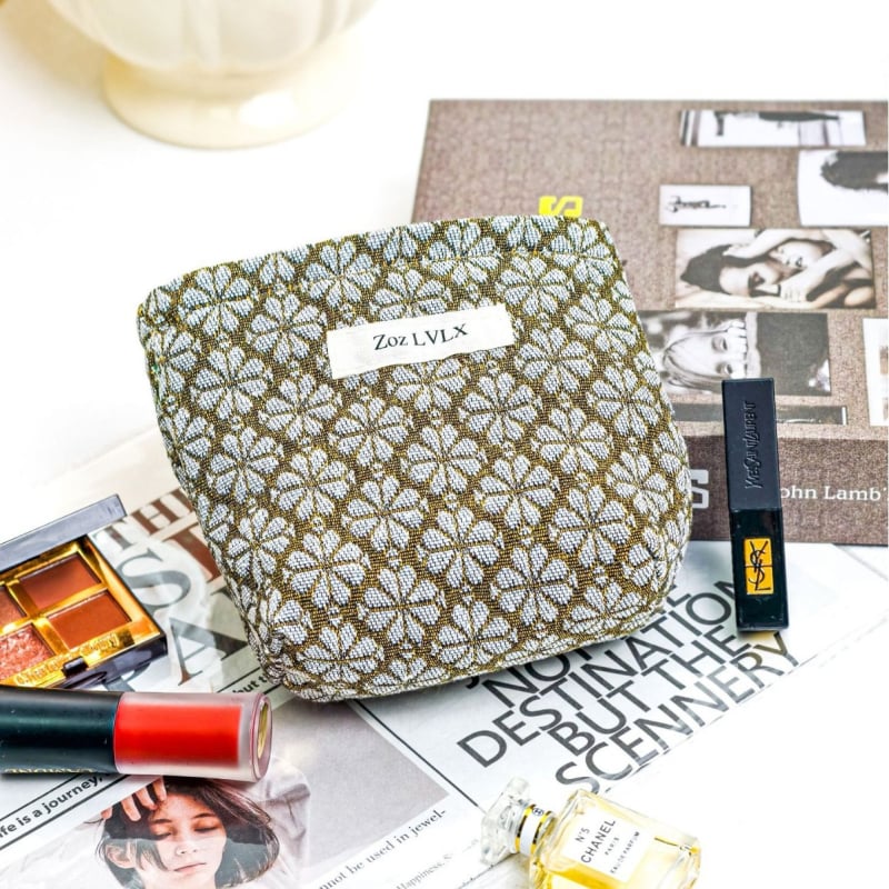 Τσαντάκι μακιγιάρ για γυναίκες, μοτίβο τετράφυλλου φύλλου, ύφασμα βαμμένο με νήματα, μεγάλος εσωτερικός χώρος, επένδυση κανβάς, φερμουάρ