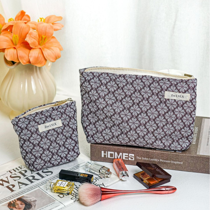 Τσαντάκι μακιγιάρ για γυναίκες, μοτίβο τετράφυλλου φύλλου, ύφασμα βαμμένο με νήματα, μεγάλος εσωτερικός χώρος, επένδυση κανβάς, φερμουάρ