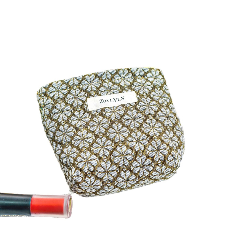 Τσαντάκι μακιγιάρ για γυναίκες, μοτίβο τετράφυλλου φύλλου, ύφασμα βαμμένο με νήματα, μεγάλος εσωτερικός χώρος, επένδυση κανβάς, φερμουάρ