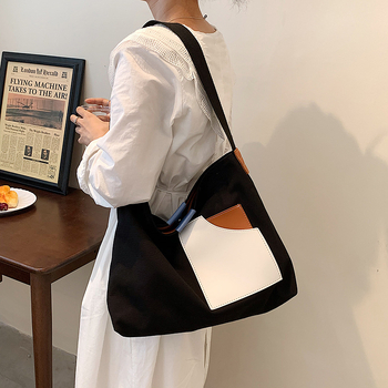 Patchwork kanvas torba, korejskog stila za žene – street trend, tote torba, vertikalni kvadratni oblik, magnetsko zatvaranje, unutarnji džepovi: zatvarač, džep za telefon i ID, bez podstava, s jednim remenom