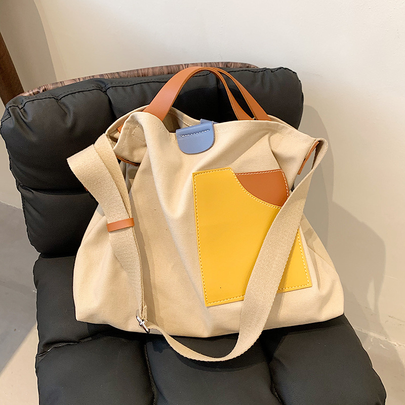 Patchwork kanvas torba, korejskog stila za žene – street trend, tote torba, vertikalni kvadratni oblik, magnetsko zatvaranje, unutarnji džepovi: zatvarač, džep za telefon i ID, bez podstava, s jednim remenom