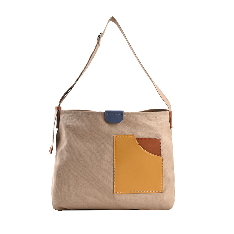 Patchwork kanvas torba, korejskog stila za žene – street trend, tote torba, vertikalni kvadratni oblik, magnetsko zatvaranje, unutarnji džepovi: zatvarač, džep za telefon i ID, bez podstava, s jednim remenom