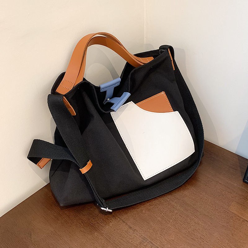 Patchwork kanvas torba, korejskog stila za žene – street trend, tote torba, vertikalni kvadratni oblik, magnetsko zatvaranje, unutarnji džepovi: zatvarač, džep za telefon i ID, bez podstava, s jednim remenom