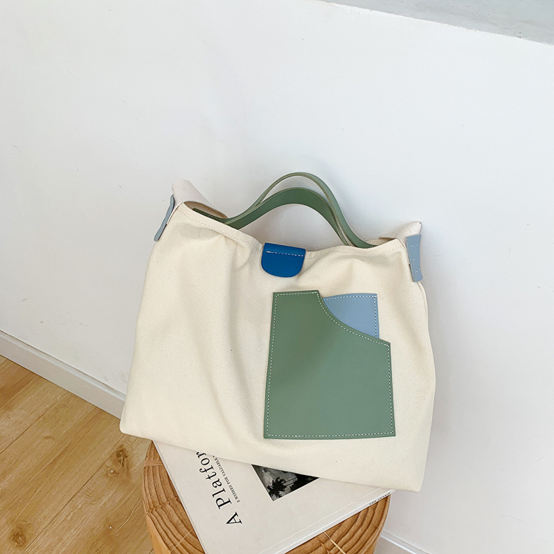 Patchwork kanvas torba, korejskog stila za žene – street trend, tote torba, vertikalni kvadratni oblik, magnetsko zatvaranje, unutarnji džepovi: zatvarač, džep za telefon i ID, bez podstava, s jednim remenom