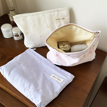 Geantă de cosmetică, cu capacitate mare, mâner de purtare, poliester, model în dungi, căptușeală din pânză