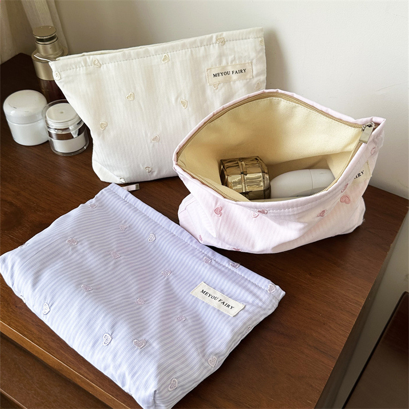 Geantă de cosmetică, cu capacitate mare, mâner de purtare, poliester, model în dungi, căptușeală din pânză