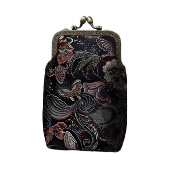 Mulberry selyem Jacquard brokát keresztbody telefon-táska, irodalmi és nemzeti stílus, Kiss-Lock keret-zár, függőleges négyzet alakú forma, belső zsebek telefonhoz és ID-hez