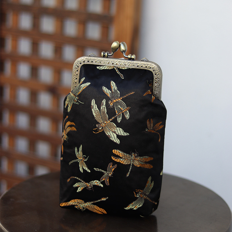 Mulberry selyem Jacquard brokát keresztbody telefon-táska, irodalmi és nemzeti stílus, Kiss-Lock keret-zár, függőleges négyzet alakú forma, belső zsebek telefonhoz és ID-hez