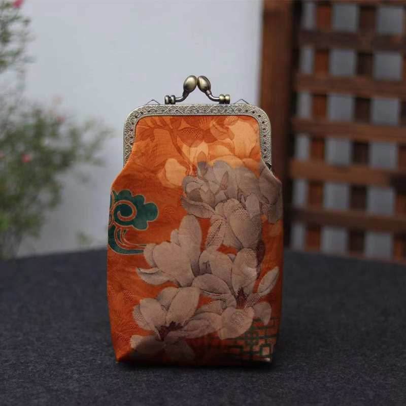 Mulberry selyem Jacquard brokát keresztbody telefon-táska, irodalmi és nemzeti stílus, Kiss-Lock keret-zár, függőleges négyzet alakú forma, belső zsebek telefonhoz és ID-hez