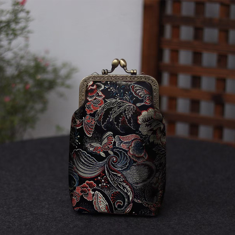 Mulberry selyem Jacquard brokát keresztbody telefon-táska, irodalmi és nemzeti stílus, Kiss-Lock keret-zár, függőleges négyzet alakú forma, belső zsebek telefonhoz és ID-hez