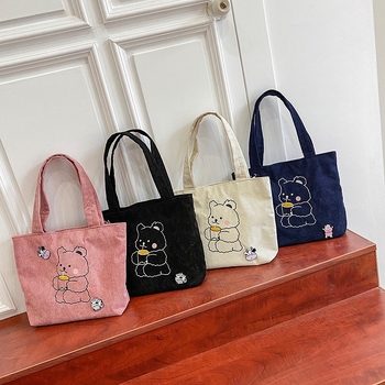 Geantă de umăr din corduroy, cu motiv urs, formă orizontală pătrată, închidere cu fermoar, buzunar intern pentru telefon