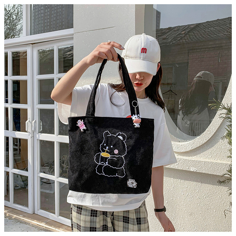 Geantă de umăr din corduroy, cu motiv urs, formă orizontală pătrată, închidere cu fermoar, buzunar intern pentru telefon