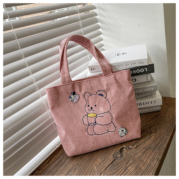 Geantă de umăr din corduroy, cu motiv urs, formă orizontală pătrată, închidere cu fermoar, buzunar intern pentru telefon