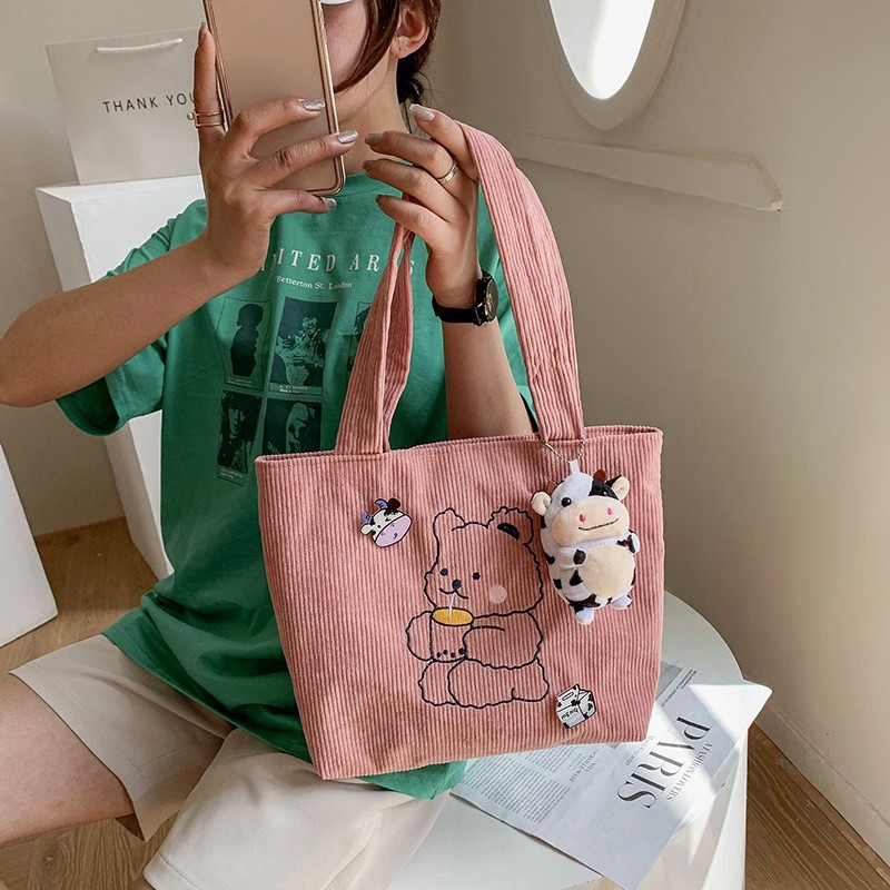 Geantă de umăr din corduroy, cu motiv urs, formă orizontală pătrată, închidere cu fermoar, buzunar intern pentru telefon