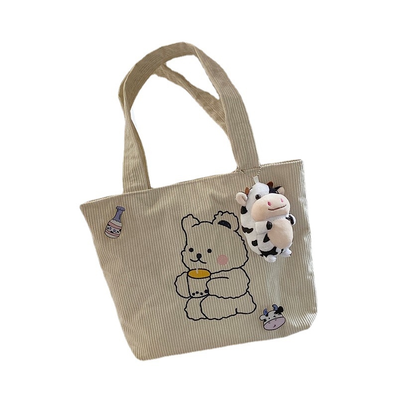 Geantă de umăr din corduroy, cu motiv urs, formă orizontală pătrată, închidere cu fermoar, buzunar intern pentru telefon