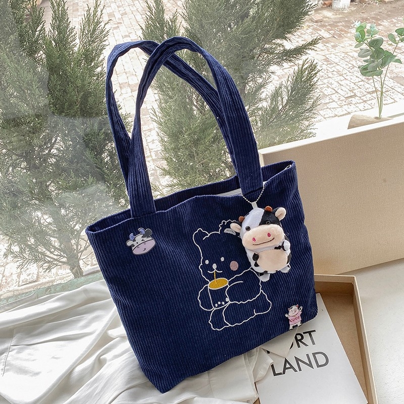 Geantă de umăr din corduroy, cu motiv urs, formă orizontală pătrată, închidere cu fermoar, buzunar intern pentru telefon