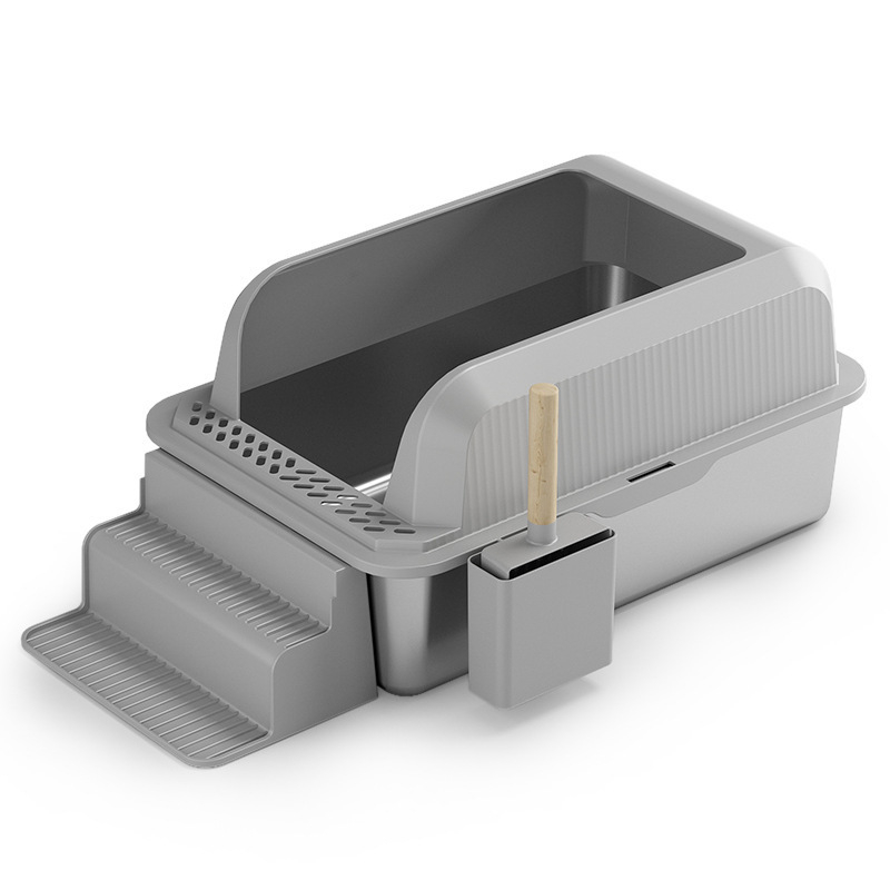 Котешка тоалетна от неръждаема стомана с лопатка, удебелена конструкция, устойчива на корозия, полузатворен квадратен дизайн