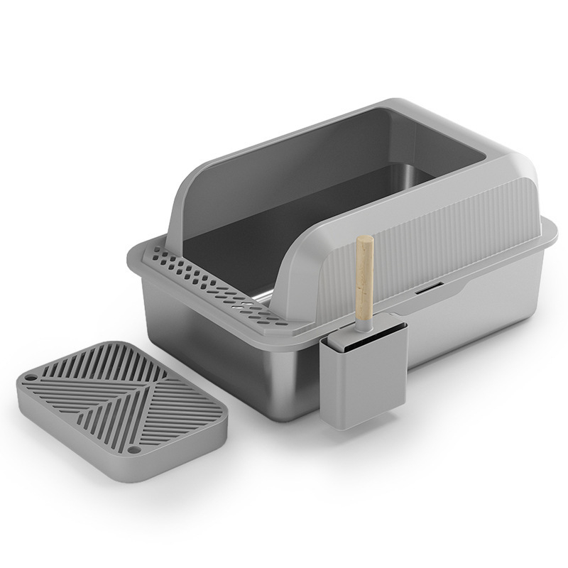 Котешка тоалетна от неръждаема стомана с лопатка, удебелена конструкция, устойчива на корозия, полузатворен квадратен дизайн