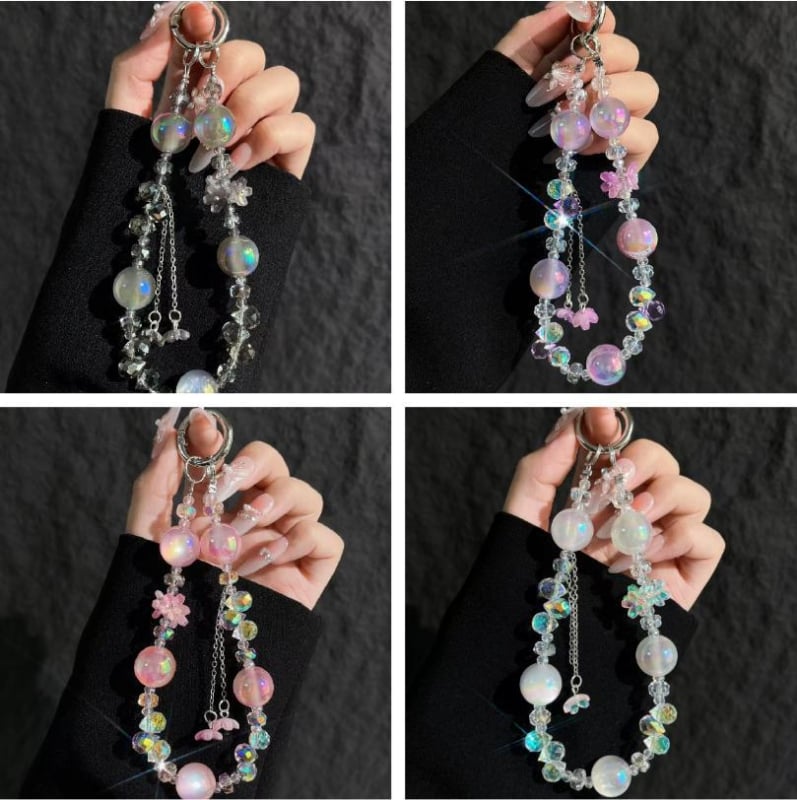 Lanier pentru telefon cu mărgele din sticlă și acrilic, lucrat manual, șnur PVC, cataramă metalică