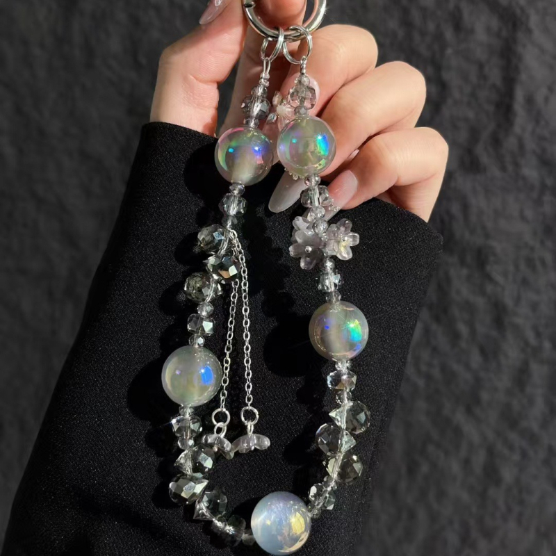 Lanier pentru telefon cu mărgele din sticlă și acrilic, lucrat manual, șnur PVC, cataramă metalică