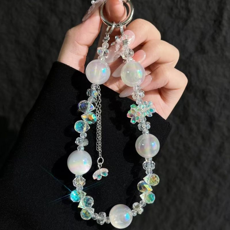 Lanier pentru telefon cu mărgele din sticlă și acrilic, lucrat manual, șnur PVC, cataramă metalică