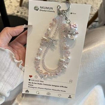 Vješak za telefon – slatka crtani Kitty mačak s perlama, ručno pletena, miješani materijali, podrijetlo Yiwu, ljeto 2025, crtani stil.