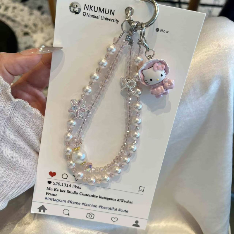 Vješak za telefon – slatka crtani Kitty mačak s perlama, ručno pletena, miješani materijali, podrijetlo Yiwu, ljeto 2025, crtani stil.