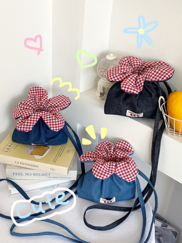 Geantă crossbody din pânză, închidere cu șnur, formă orizontală pătrată, curea de umăr simplă, pentru utilizare zilnică