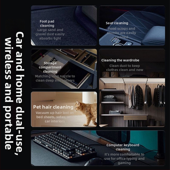 Juhtmevaba käeshoitav tolmuimeja auto ja kodu – 50W, imemine 15,1–20 kPa, sisseehitatud aku 1001–1600 mAh, kuni 3 tundi tööd, müra <36 dB, LED valgustus; komplektis tsüklonotsik, nurkharja, kahe‑ühes puhastus/imeotsik