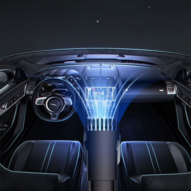 Juhtmevaba käeshoitav tolmuimeja auto ja kodu – 50W, imemine 15,1–20 kPa, sisseehitatud aku 1001–1600 mAh, kuni 3 tundi tööd, müra <36 dB, LED valgustus; komplektis tsüklonotsik, nurkharja, kahe‑ühes puhastus/imeotsik