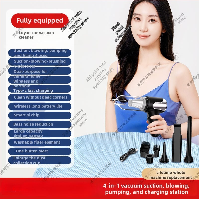 Juhtmevaba käeshoitav tolmuimeja auto ja kodu – 50W, imemine 15,1–20 kPa, sisseehitatud aku 1001–1600 mAh, kuni 3 tundi tööd, müra <36 dB, LED valgustus; komplektis tsüklonotsik, nurkharja, kahe‑ühes puhastus/imeotsik