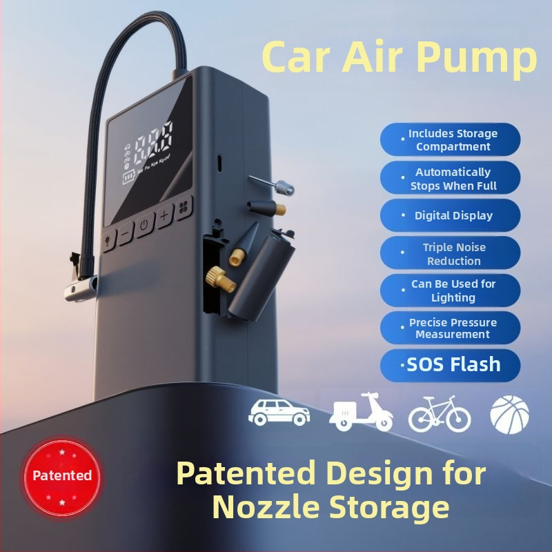 Prenosná 12V nabíjateľná pumpa na pneumatiky do auta, 100W, viacstĺpcový dizajn, s digitálnym LCD displejom, pre autá, motocykle a bicykle