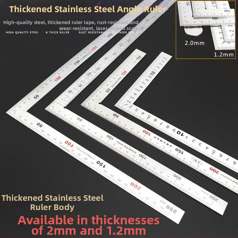 Nerūsējošā tērauda taisnstūra leņķa lineālis, L‑formas plāksne ar paaugstinātu biezumu, 90° precizitāte