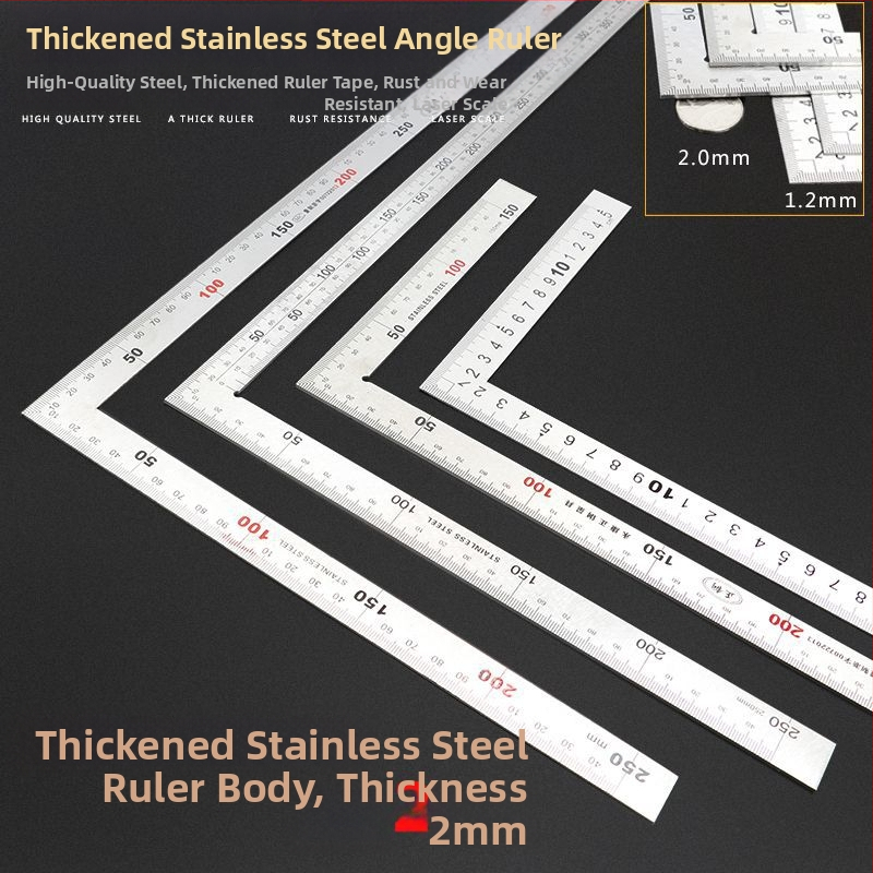 Nerūsējošā tērauda taisnstūra leņķa lineālis, L‑formas plāksne ar paaugstinātu biezumu, 90° precizitāte