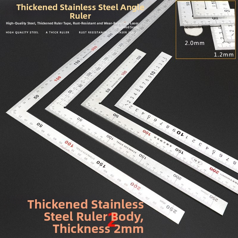 Nerūsējošā tērauda taisnstūra leņķa lineālis, L‑formas plāksne ar paaugstinātu biezumu, 90° precizitāte
