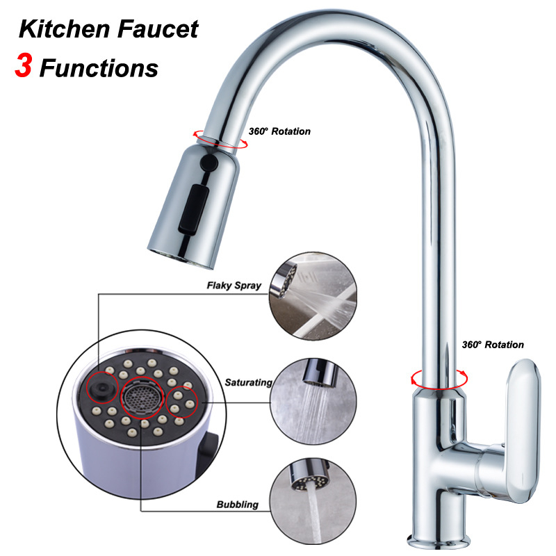 Robinet de bucătărie din cupru, cu apă caldă și rece, jet telescopic rotativ, ieșire dublă, intrări/ieșiri 2× G1/2