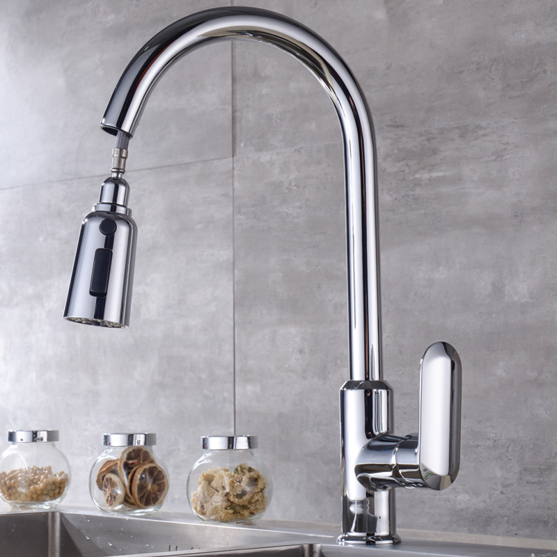 Robinet de bucătărie din cupru, cu apă caldă și rece, jet telescopic rotativ, ieșire dublă, intrări/ieșiri 2× G1/2