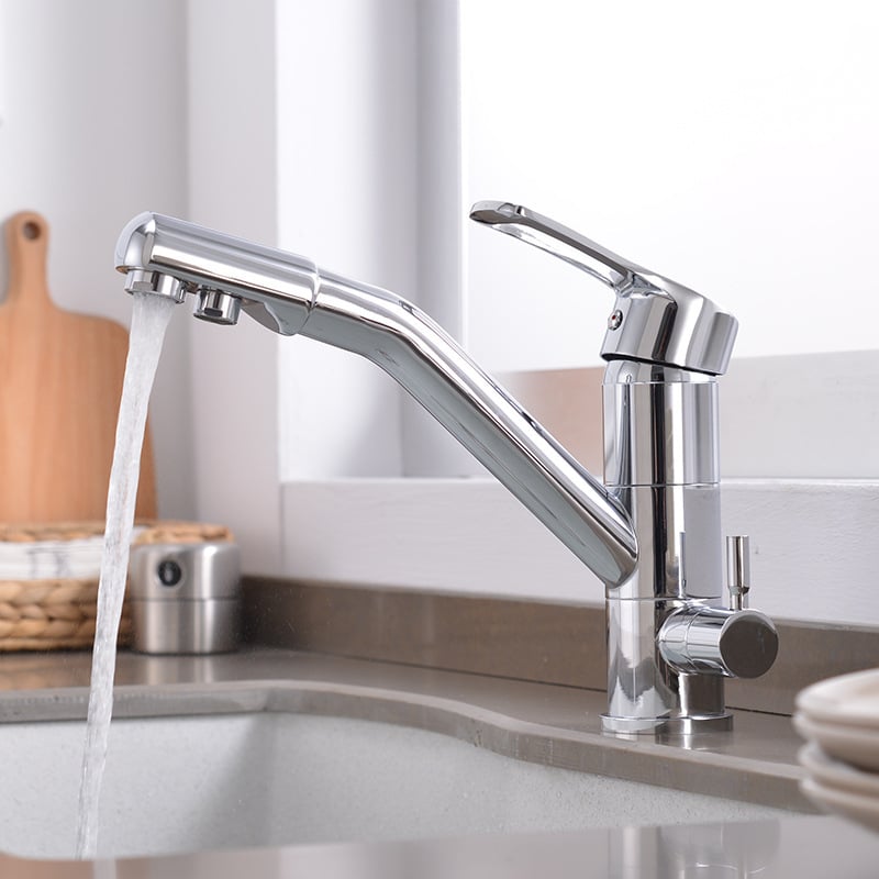 Кухненски смесител KS500 от мед с три функции за гореща и студена вода, керамичен патрон, вход/изход 1/2 инча, електрополиран финиш