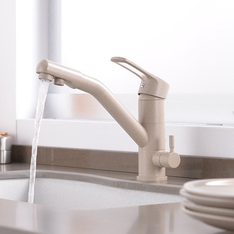 Кухненски смесител KS500 от мед с три функции за гореща и студена вода, керамичен патрон, вход/изход 1/2 инча, електрополиран финиш