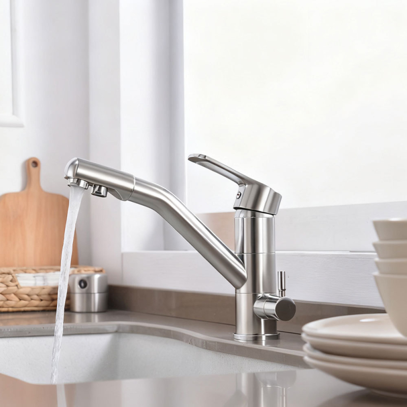 Кухненски смесител KS500 от мед с три функции за гореща и студена вода, керамичен патрон, вход/изход 1/2 инча, електрополиран финиш