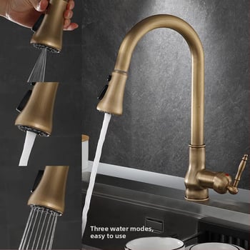 Антикварен кухненски смесител с издърпване, гореща и студена вода, меден материал със четков финиш, керамичен дисков вентил