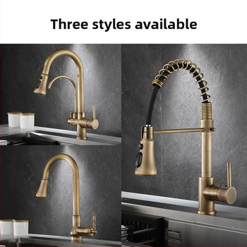 Антикварен кухненски смесител с издърпване, гореща и студена вода, меден материал със четков финиш, керамичен дисков вентил